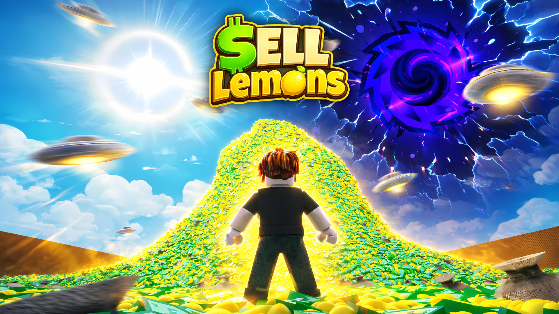 Sell Lemons promotional artwork Sell Lemons promotional artwork with a Roblox avatar standing before a huge pile of lemons